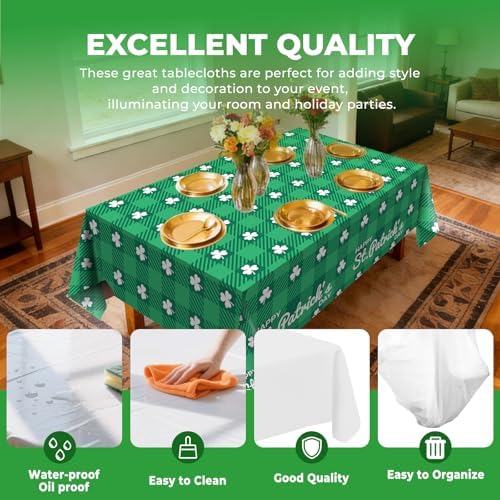 6 Pack Clover Checkered Disposable Plastic Tablecloth 54" x 108" Green Shamrock Party Table Cloths Disposable for 6 to 8 Foot Tables St Patricks Day Party Indoor or Outdoor (Clover Checkered)