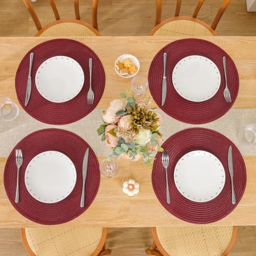 SHACOS Round Placemats Set of 12 for Dining Table 15 inch Round Braided Place Mats Cotton Polyester Washable Non Slip Kitchen Table Mats, Burgundy