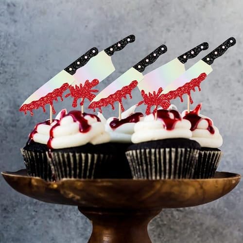 Rsstarxi 24 Pack Halloween Knife Cupcake Toppers Blood Knife Have a Killer Birthday Cupcake Picks Decorations for Horror Theme Birthday Halloween Party Cake Decorations