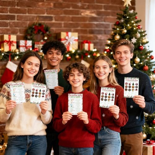 27 Pcs Christmas Games for Family Party Merry Christmas Paper Game Cards Double Sided Printed Xmas Festival Picture Quiz Guessing Songs Adults Holiday Activity Decorations Large Groups with Answer Key