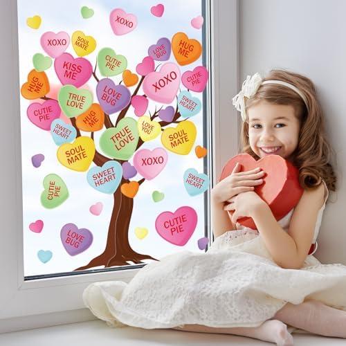JarThenaAMCS Valentine's Day Tree Window Clings Window Stickers Conversation Heart Tree Double-Sided Glass Decals for Wedding Anniversary Party Wall Decor, 6 Sheets
