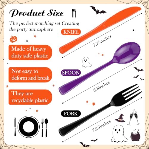 Minatee 180 Pcs Halloween Plastic Silverware Heavy Duty Cutlery Sets Disposable Utensils for Holiday Birthday Themed Party Supplies, 60 of Each Forks Knives Spoons