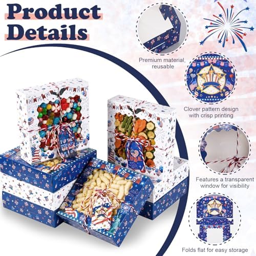 FCKLVMC 12 Pcs 7 X 7 In 4th Of July Treat Boxes with Window, Fourth Of July Gift Goodie Boxs with Card for Veterans Day Memorial Usa National Patriotic Day Party