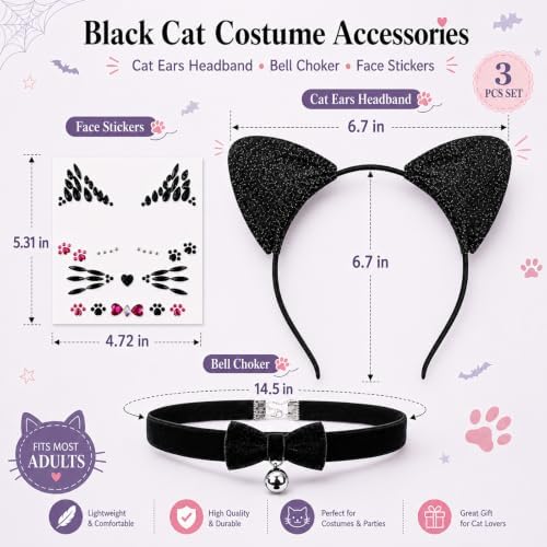 Black Cat Ears Headband, Bell Choker & Face Stickers - Black Cat Costume Outfit Woman Adult Women, Halloween Dress Up & Cosplay Party Accessories