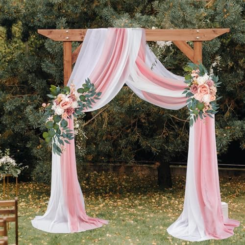 Thiccywoov 4 Pcs Wedding Arch Flowers and Drape Kit Include 2 Artificial Floral Swag and 2 Chiffon Drapes, Faux Flower Set for DIY Wedding Party Reception Ceremony Backdrop Rose Decoration (Pink)
