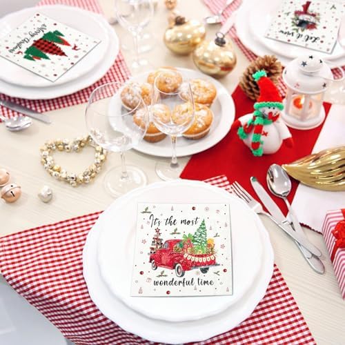 NatNarr 200 Pcs Christmas Cocktail Napkins, 5x5" Christmas Paper Napkins Xmas Tree Santa Snowman Decoupage Napkins Disposable Holiday Napkins for Winter New Year Party