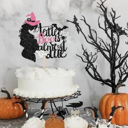 1 PCS A Little Boo is Almost Due Cake Topper Pink Glitter Halloween Baby Shower Cake Pick Spider Bat Ghost Boo Cake Decoration for Halloween Baby Shower Theme Birthday Party Cake Decorations Supplies