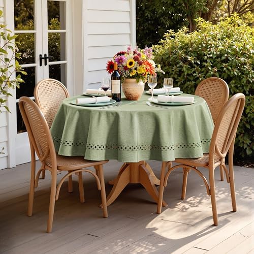 MIULEE Sage Green 60 Inch Round Linen Tablecloth with Decorative Cutouts