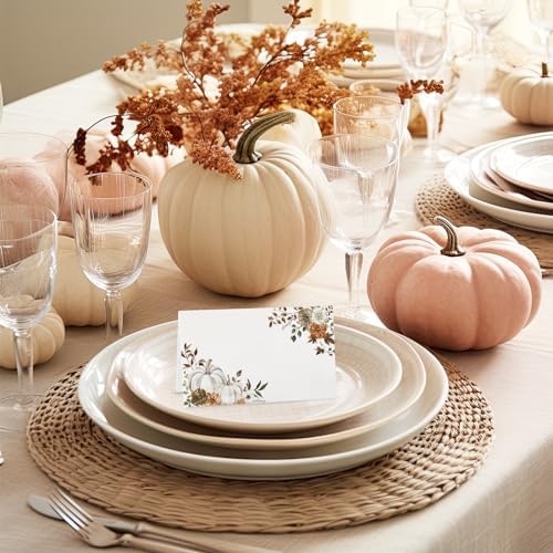 Whaline 50Pcs Fall Place Cards 2 x 3.5 Inch Watercolor Pumpkin Floral Tent Name Cards Autumn Blank Seat Assignment Labels for Thanksgiving Wedding Birthday Party Table Setting Supplies