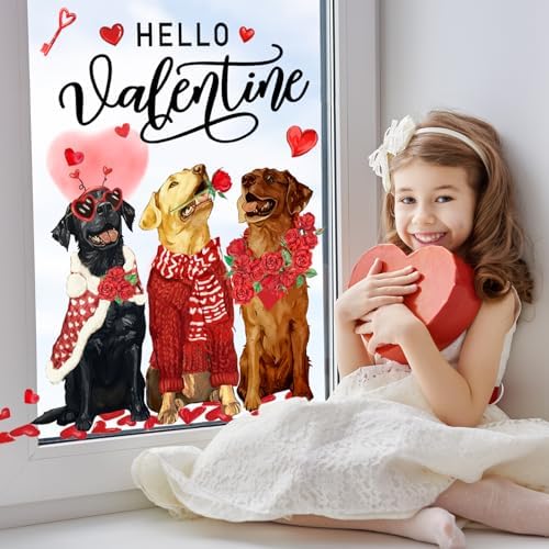 JarThenaAMCS Valentine's Day Window Clings Window Stickers Love Heart Dog Double-Sided Glass Decals for Wedding Anniversary Home Office Classroom Party Wall Decor, 9 Sheets