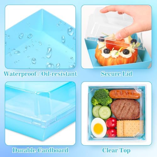 Whaline 50 Set Blue Small Charcuterie Boxes with Lids Forks Knives Summer Clear Mini Dessert Box Disposable Food Containers for Graduation Wedding Gift Giving Beach Party Sandwich Cookie Sushi Cake