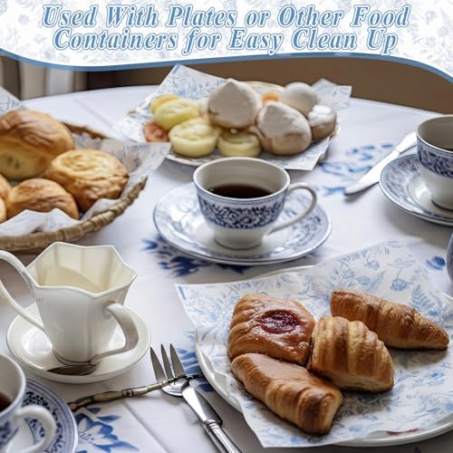 AmazingSpark 150 Pcs Deli Wax Paper Sheets for Food 8 x 10 Inch Greaseproof Waterproof Sandwich Wrapping Paper Basket Liner for Outdoor Picnic Beach Wedding Birthday Baby Shower (Blue Flowers)