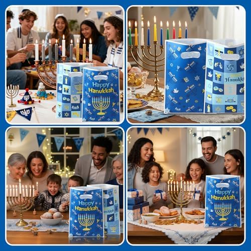 vueuKiGE Hanukkah Gift Bags, 50 PCS Hanukkah Treat Bags with Handles, 7x9.8 Inch Plastic Chanukah Gift Goodie Candy Cookie Bag Jewish Themed Party Favor Bag for Hanukkahs Party Decorations Supplies