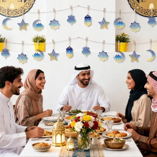 36PCS Wooden Ramadan Decorations Eid Islam Mubarak Ornaments Mubarak Hanging Hollow Pendant to Paint, DIY Blank Unfinished Wood Moon Cutouts Crafts Hanging Al Adha Star Lantern for Muslim Festive
