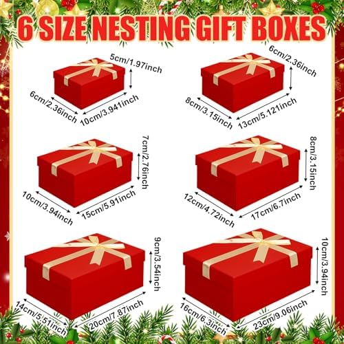 Cholemy 6 Pcs Christmas Nesting Gift Box, Lovely Style, Red, Golden