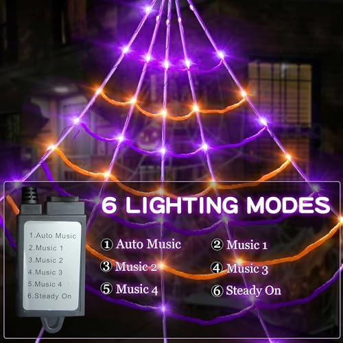 [Motion Activated Lighting&Speaking] 5Ft Giant Spider 20 * 17FT Halloween Spider Web 150 Led Purple&Orange Lights Light Up Lighted Waterproof with 200sqft Cobweb for Outdoor Decor Yard Decoration