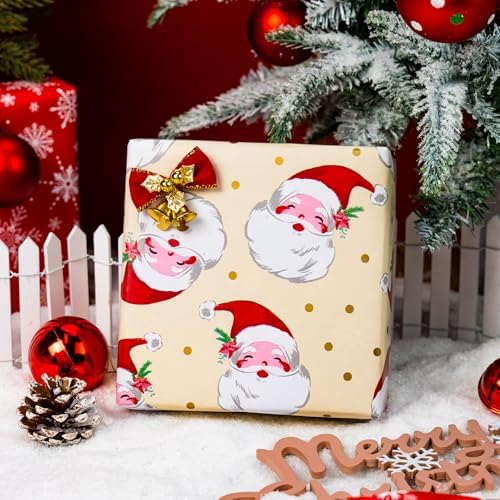 Yarcony Reversible Christmas Wrapping Paper, Santa Wrapping Paper, Cute Vintage Beige Santa Claus, Gold Dot and Snowflake Pattern Christmas Gift Wrap for Winter Holiday (Mini Roll, 17 Inch X 33 Feet)