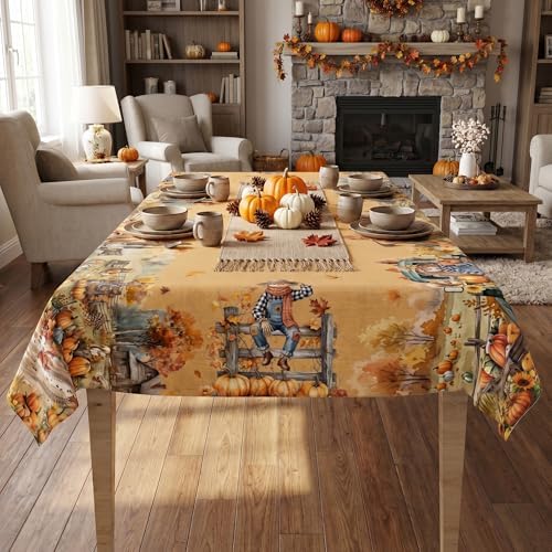 Fall Tablecloth 60×104 Inch, Fall Harvest Decorations for Home Table Cloth Rectangle, Truck Scarecrow Pumpkin Decor Washable Seasonal Autumn Thanksgiving Tablecloths Polyester for Picnic Party Dinner