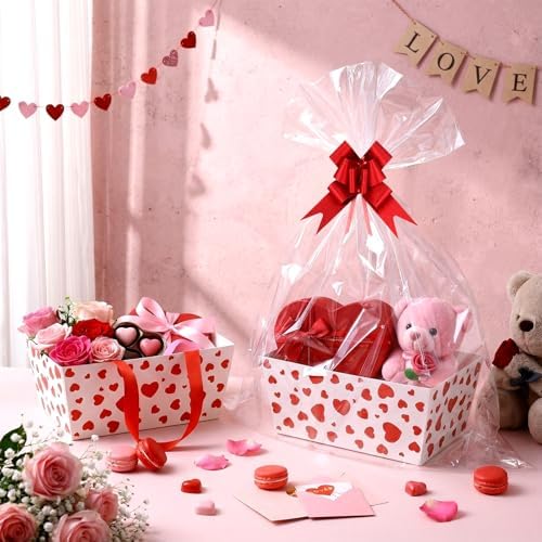 Moinchore 12 Set Mother's Day Basket for Gifts Empty 9.8x6.5'' Red Heart Market Tray Cardboard with Bows, Cellophane Bags, Twist Tiles, Empty to Fill for Valentine Birthday Bridal Wedding Party Supply