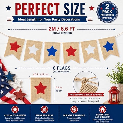 Burlap Star Banner 4th of July Garland Bunting Red White and Blue Decorations Patriotic America Independence Day Memorial Veterans Day Flag for Mantel Fireplace Sign USA Accessories