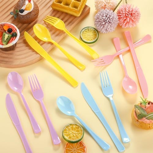 Kochorie 300 Pcs Pastel Plastic Silverware, Heavy Duty Plastic Cutlery Set