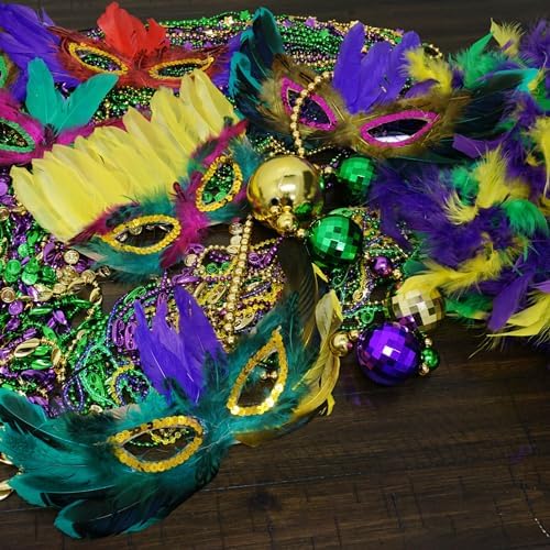 4E's Novelty Bulk Mardi Gras Masks With Feathers for Adult Men Women, Masquerade Party Masks for Party Outfit Accessories
