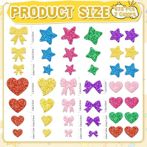 Foam Stickers, 875 PCS Glitter Foam Heart Star Bow Shapes Stickers,7 Colors