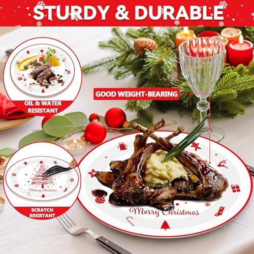 Lonfliness 50PCS Christmas Tree Oval Paper Plates Merry Christmas Red White Paper Plate Decorations Snowflake Gifts Candy Disposable Tableware Large 11inch Decor for Xmas Gathering Dinner Supplies