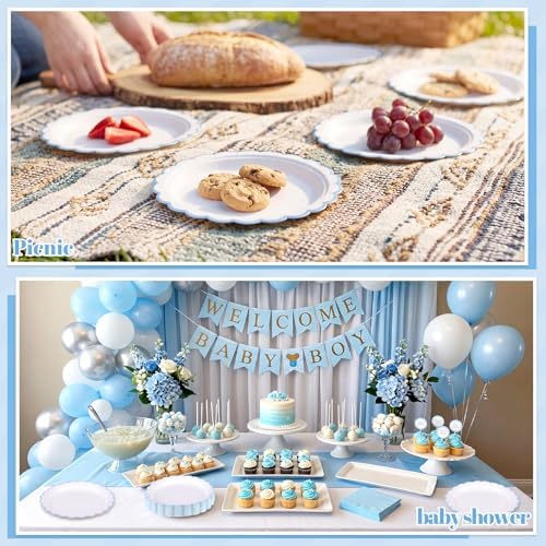 NatNarr 30 PK Light Blue Plates 7" Scalloped Blue White Dessert Cake Plates