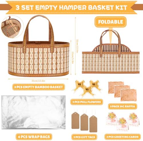 SelfTek 3 Pack Baskets for Gifts Empty, Woven Bamboo Gifts Basket Kit with Wrap Bags, Gift Card, Raffia and Pull Bows, Gifts Baskets for Birthday, Wedding, 35 x 20 x 15 cm - Gold