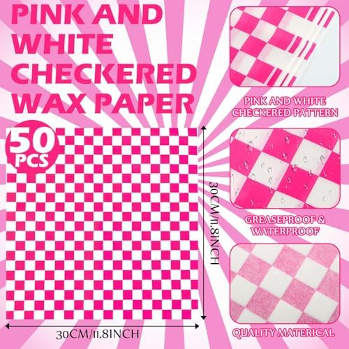 Geosar 100 Pcs Gingham Paper Food Tray with Wax Paper,Fuchsia White