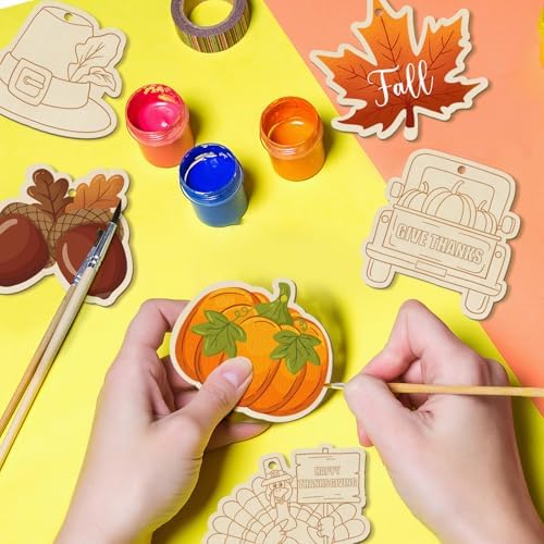 36PCS Wooden Thanksgiving Decoration Fall Ornaments to Paint Happy Thanksgiving Crafts Cutouts Unfinished, DIY Blank Fall Unfinished Turkey Maple Leaf Truck Pumpkin Ornament for Home Harvest Hanging