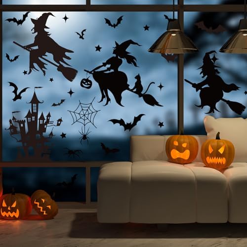 JarThenaAMCS Extra Large Halloween Window Clings Black Witch Castle Bat Window Stickers Double-Sided Glass Decals for Home Classroom Office Party Decoration, 4 Sheets