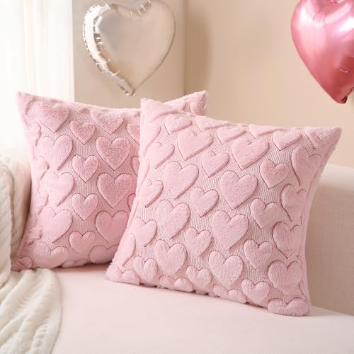 Softalker Pink Heart Pillow Covers 20 x 20 Inch Set of 2, Spring Summer Soft Faux Fur Cushion Covers, 3D Embroidered Pillow Cases for Sofa, Couch, Bedroom