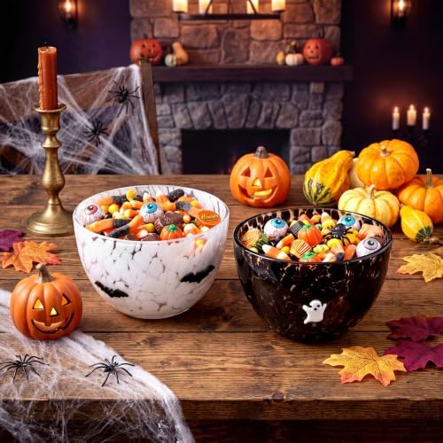 FoldTier 2 Pcs Halloween Icon Snack Bowl, 14oz Clear Glass Candy Dessert Bowls with Ghost and Bat Design, Spooky Serving Bowls for Halloween Gifts Party Favors Table Decoration Supplies