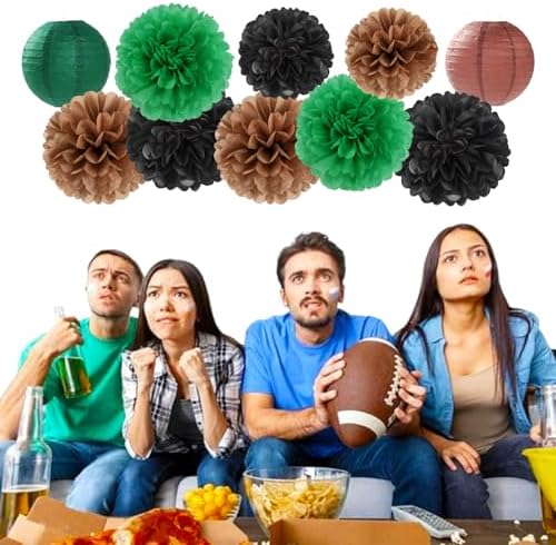 Football Party-Decorations Paper-Flowers - 15pcs Green Brown Black Tissue Pom Poms Lanterns Streamers,Birthday Baby Shower Bachelorette Hanging Supplies Decor Hugfond