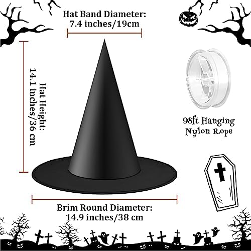 Riare 12pcs Halloween Black Witch Hats- Floating Hanging Witches Hats with 98 Feet Hanging Rope, Costume Witch Accessory for Halloween Yard Party Decoration