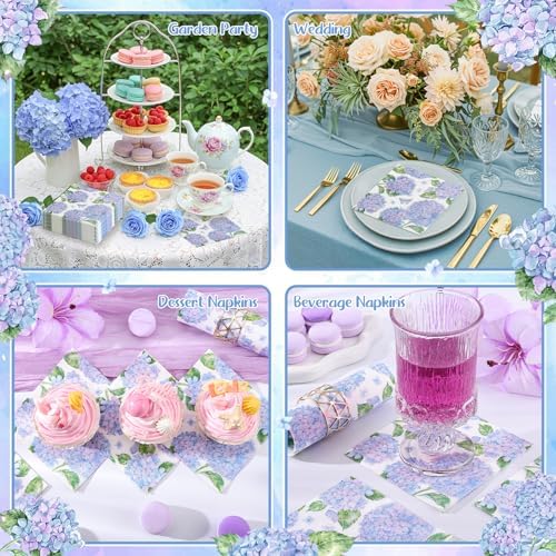 Natnarr 100 Pcs Hydrangea Napkins, 5" Blue Hydrangea Flower Cocktail Napkin