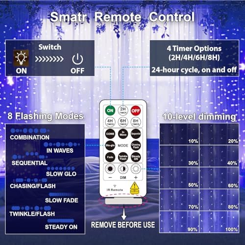 HXWEIYE 300LED Fairy Curtain Lights, 9.8x9.8Ft USB, Remote, 8 Modes & Timer