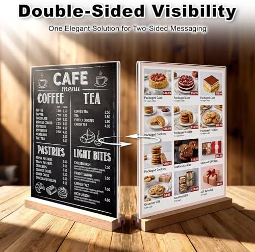 Daletu Acrylic Sign Holder 5x7 with Wood Base | 3 Packs Acrylic Tabletop Display Stand, 2 in 1 Vertical or Slant Clear Plastic Sign Frame Holder for Flyer, Menu, Retail, Buffet, Vendor, Wedding, Party