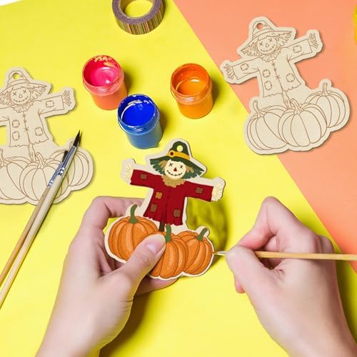 Wooden Fall Ornaments to Paint Halloween Thanksgiving Decoration Cutouts Unfinished 24PCS, DIY Blank Unfinished Maple Leaf Wood Discs Ornament for Home Harvest Crafts Hanging Autumn Decorations