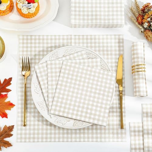 NatNarr 80 Pk Gingham Napkins Light Brown Napkins Tan Disposable, 6.5"