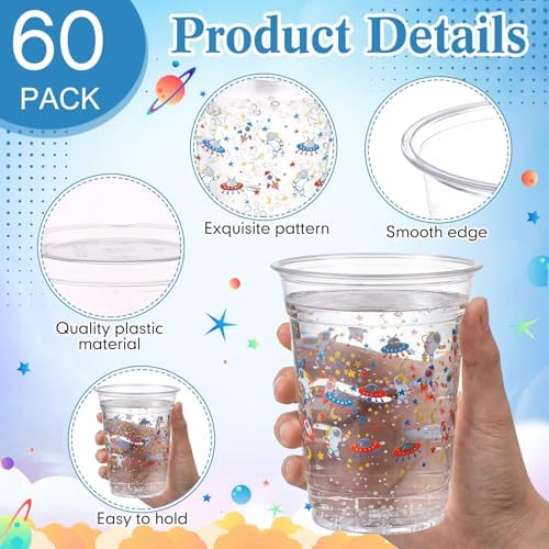Funnymoom 60 Pack Space Plastic Cups 12 oz Outer Space Galaxy Planet Disposable Clear Plastic Drinking Cups for Planet Solar System Birthday Baby Shower Party Decoration Supplies