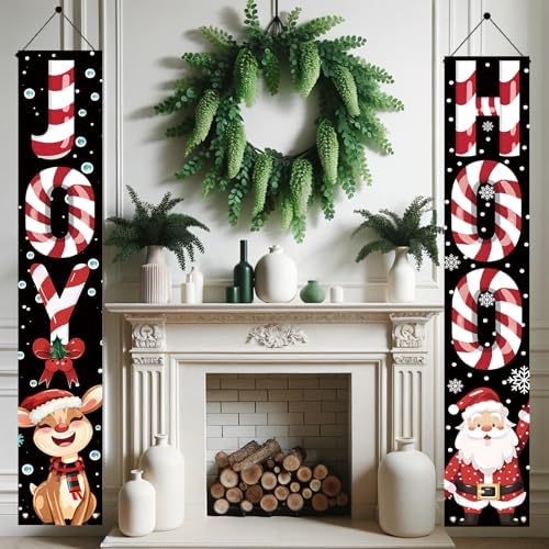2PCS Christmas Porch Banner Decorations 71 x 12 Inch JOY HOHO Candy Cane Hanging Sign Santa Claus and Reindeer Outdoor Front Door Holiday Banner for Winter Yard Party Wall Decor