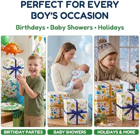 Bafeil Dinosaur Wrapping Paper Birthday Boy Roll Set - 3 Rolls