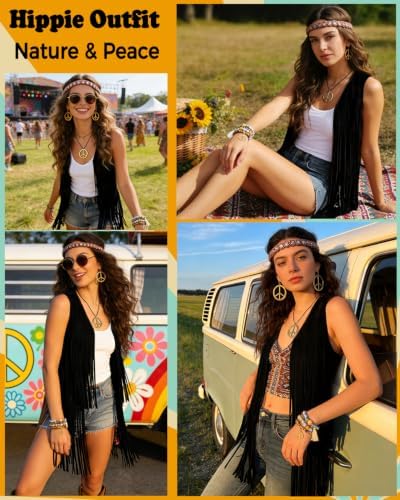 60s 70s Outfit for Women Hippie Costume Clothes Fringe Vest Accessories