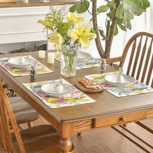 Artoid Mode Bunny Rabbits Eggs Easter Placemats Set of 6, 12x18 Inch Floral Bow Seasonal Spring Holiday Table Mats for Party Kitchen Dining Decoration