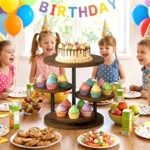 Cupcake Holder for 50 Cupcakes Wood Cake Stand with 4 Tiered Serving Tray 360°Rotating Dessert Stands Round Cookie Trays for Parties Wedding Baby Shower Afternoon Tea Dessert Table, Walnut