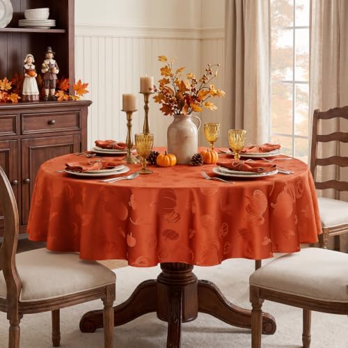 Romanstile Jacquard Fall Round Tablecloth with Pumpkin, Orange, 70 Inch