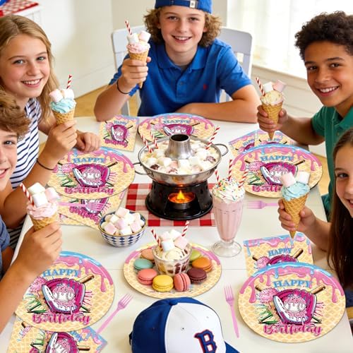 EUOYUFO 96Pcs Ice Cream Party Decorations Tableware Set Ice Cream Baseball Drip Happy Birthday Paper Plates Napkins Forks Baseball Sport Team Theme Bday Party Supplies Serve 24 Guests